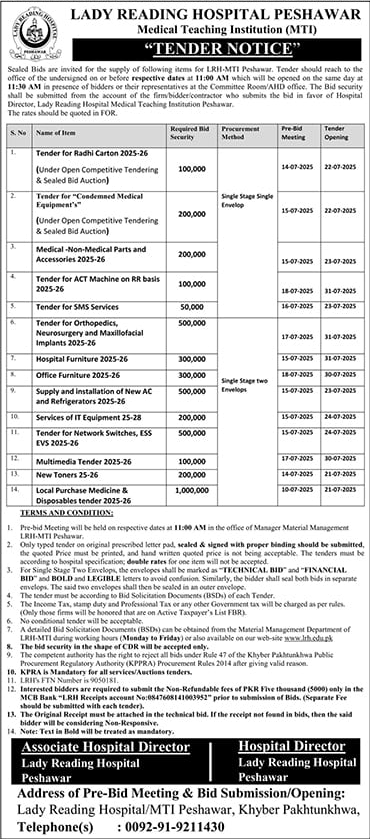 Lady Reading Hospital Peshawar Tender Notice